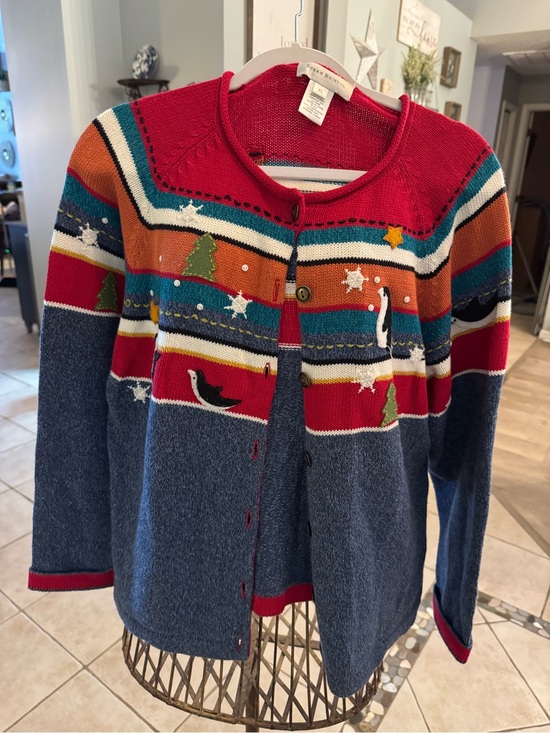 Susan Bristol Sweaters - Susan Bristol XL Christmas Cardigan Embroidered Penguins Trees Sweater